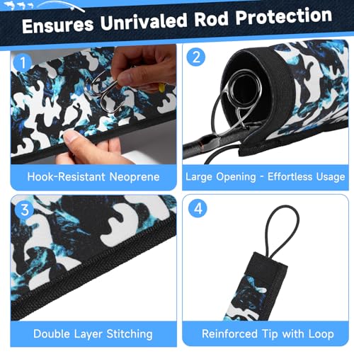 Neoprene Fishing Rod Sleeves for Casting, Spinning, Trolling Pole - Protective Cover Rod Sock with Hanging Loop & Lanyard- Floating, Puncture Resistant, Lightproof - size: 58", style: 10 Pcs