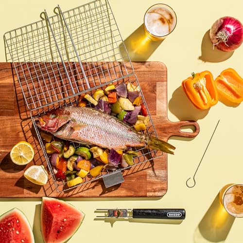 SHIZZO Grill Basket Gift Set - Removable Wooden Handle - Non-Stick Stainless Steel, BBQ Grilling Rack for Fish, Shrimp, Vegetables - Camping & Outdoor Smoker Accessories, Gifts for Dad, Husband