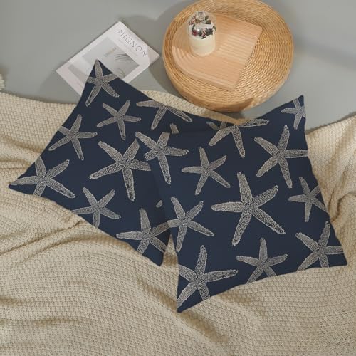 Navy Blue Coastal Pillow Covers 16x16 Inch 2 Pcs Sea Starfish Decor Throw Pillows Nautical Beach Ocean Themed Summer Outdoor Holiday Decoration Pillowcase Linen Cushion Cover for Couch Sofa - color: Navy Blue Starfish, size: 16" x 16" (Pack of 2)
