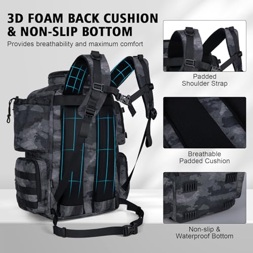 Goture Fishing Backpack with 4 Tackle Boxes,900D Water-Resistant Tackle Backpack with Rod Holders,SBS Zippers,45L Large Tackle Storage Gear Bag with Rain Cover,Bottle Holder for Travel Camping Hiking - color: A1:28# Camo, size: Include 4 Tackle Boxes