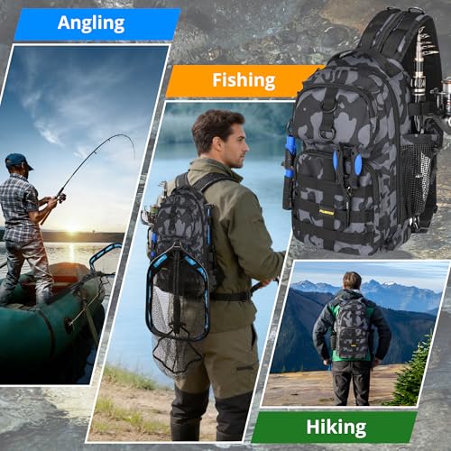 PLUSINNO Fishing Gear,Fishing Backpack with Floating Fishing Net,Tackle Boxes,Waterproof Fishing Tackle Bag,Fishing Gifts for Men - color: Black Camo Backpack With Fishing Net