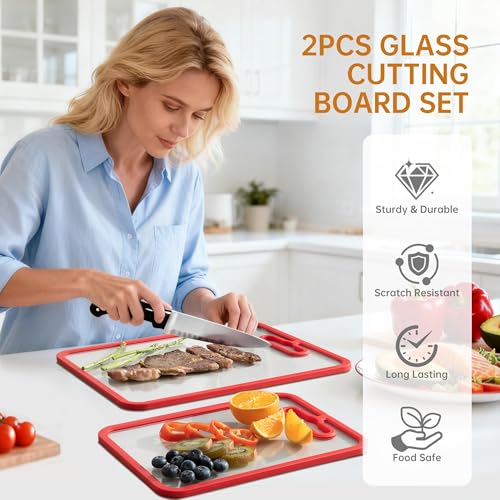 2Pcs Red Glass Cutting Board for Kitchen, Tempered Glass Chopping Board with Non-Slip Edges, Dishwasher Safe Clear Cutting Board Set, Heat & Shatter Resistant, 15"×11" & 13"×9"