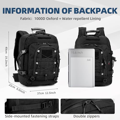 gracedon Men’s Military Style Backpack, 3-5 Day 1000D Water Resistant Tactical Pack with Zinc Alloy Zippers, Hidden Pocket & D-Ring Accessories for Outdoor Sports (Black1)