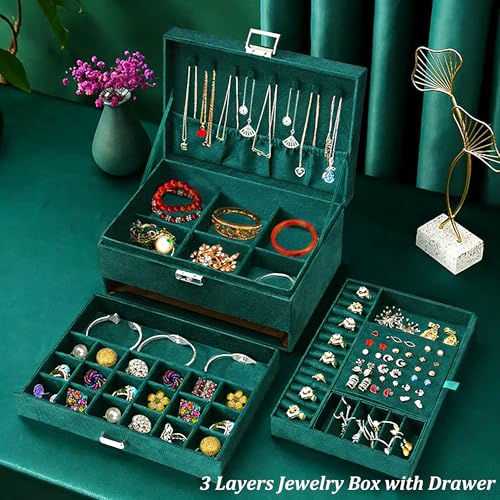 QBestry Jewelry Box for Women with Drawer, 3-Layer Large Jewelry Organizer with Lock & Key, 8 Necklace Hooks & 56 Earring Holes, Green Velvet Jewelry Storage Box for Necklaces Earrings Rings Bracelets - color: Emerald Green