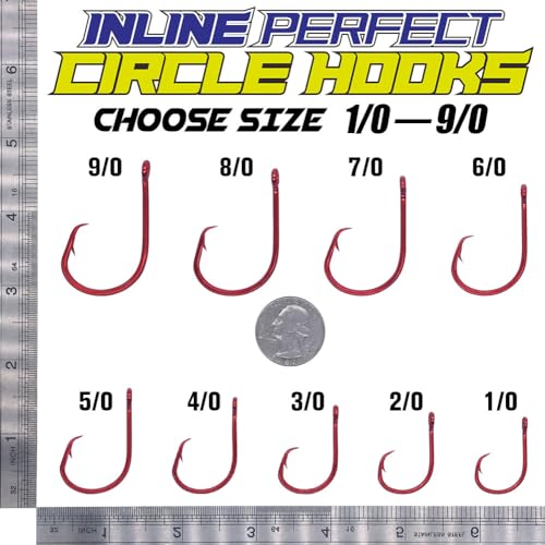 LURELINK-Inline-Circle-Hooks-Saltwater-for-Catfish-Bass-Octopus-Hooks-Fishing-Hook-Freshwater 50 Pack - color: Red, size: 9/0 50-Pack