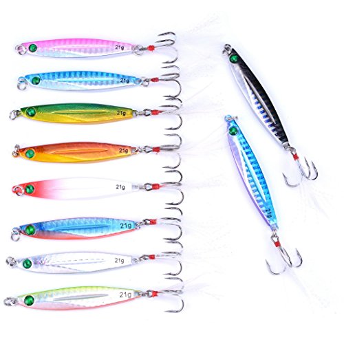 Aorace 10pcs Hard Metal Jigs Diving Sea Fishing Lures Minnow Popper Baits Tackle Crankbait Saltwater Freshwater Lures with Feather - color: 10pcs 7cm/21g