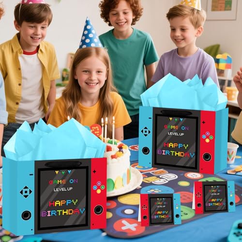 Hooqict Large Video Game Birthday Gift Bag Happy Birthday Gift Wrapping Bag with Handles, Tissue Paper and Greeting Cards for Kids Boys Men Gamer Themed Party Supplies - color: Video Game