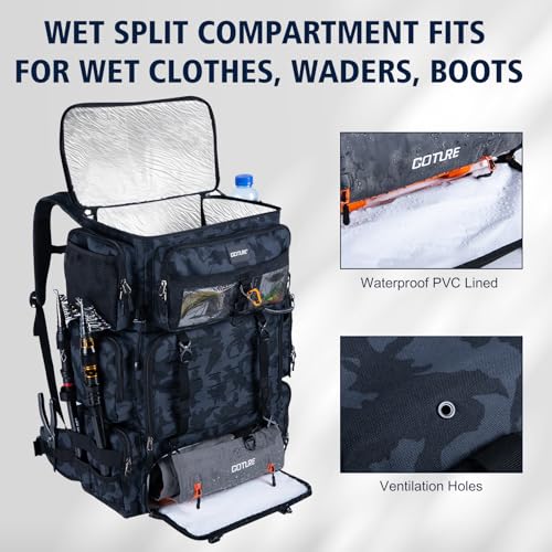Goture Fishing Backpack with Cooler, 72L 600D Tackle Backpack Included 4 3700 Tackle Boxes, Dry & Wet Split Compartment, Large Fishing Tackle Bag with Rod Holders,Rain Cover for Travel Camping Hiking - color: A2:Camo with 4 3700 Tackle Boxes