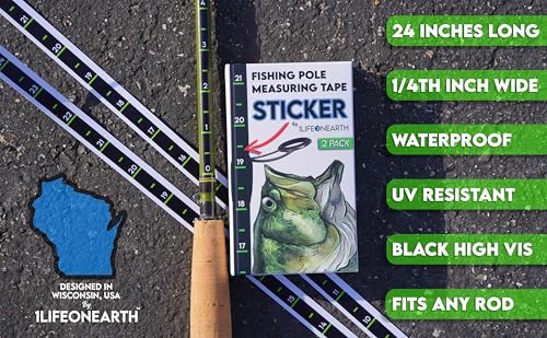 Fishing Pole Measuring Tape Sticker, 24 Inch Ruler Decal to attach to Fishing Rod (2 Pack), Black, UV-RESISTANT, Sticks to Boat, Truck, Rod, Kayak-Paddle, High Visibility Numbers, WATERPROOF