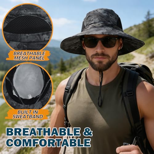 Wide Brim Sun Bucket Hat, Waterproof Boonie Hat for Men & Women | UPF 50+ UV Protection, Adjustable Fit, Chin Strap & Sweatband, Foldable Durable for Fishing Hiking Garden Beach - color: 05 Grey (Camo)