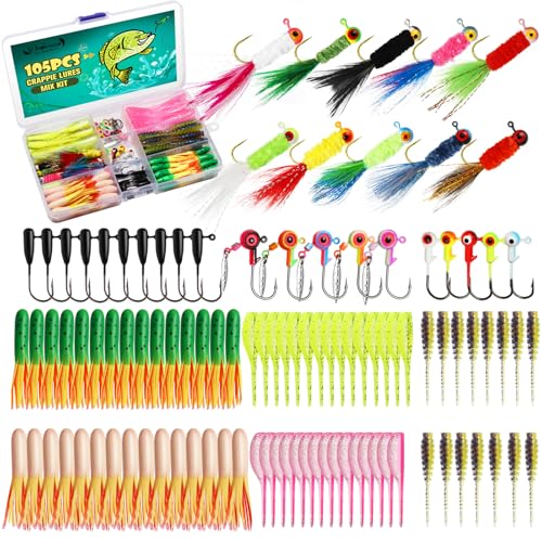 Dovesun Crappie Lures with Jig Heads Kit, Soft Plastic Grubs-Tube Baits 1/8oz 1/16oz 1/32oz Crappie Jigs Walleye Trout Bass Crappie Baits 95-120pcs - color: D-105PCS-Crappie Lures(small)