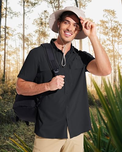 MAGCOMSEN Men's Fishing Shirts UPF 50+ Short Sleeve Sun Protection Shirts Quick Dry Cooling Button Down Shirt Hiking Safari - color: Black, size: X-Large
