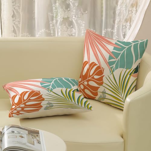 Summer Tropical Pillow Covers 18x18 Set of 2, Monstera Palm Leaf Pillowcase Green Orange Botanical Coral Summer Throw Pillows Outdoor Decor Farmhouse Cushion Case Linen Decorative for Home - color: Colorful Tropical, size: 18" x 18" (Pack of 2)