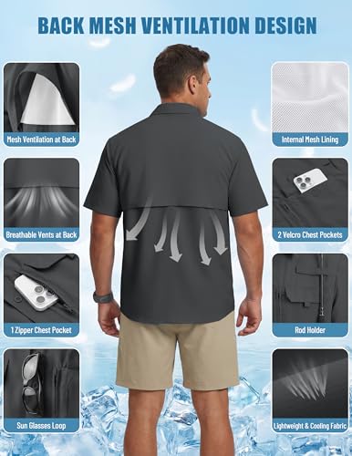 WULFUL Men's Sun Protection Fishing Shirts UPF 50+ Lightweight Quick Dry Cooling Short Sleeve Shirts for Work Hiking Safari - color: Shadow Grey, size: Small