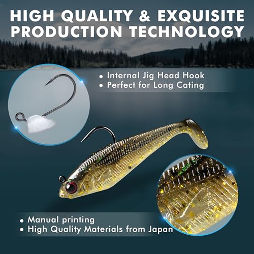 Pre-Rigged Soft Fishing Lures with Weedless Hook, Lifelike Paddle Tail Swimbaits for Bass Fishing, Freshwater & Saltwater Curly Type Tail Soft Plastic Baits for Bass, Pike, Trout, and Walleye. - color: A-2"-0.16oz
