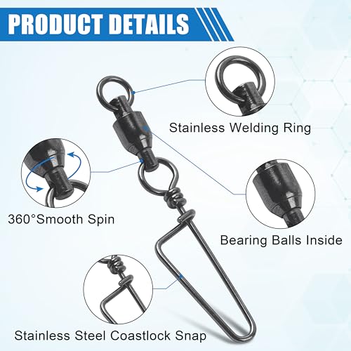 AGOOL Fishing Swivels Snaps Ball Bearing Swivels with Coastlock Snaps Stainless Steel Fishing Tackle Line Lure Leader Connector Quick Change Terminal Tackle for Lures, Leaders and Rigs - size: Size 4+4(90lb)
