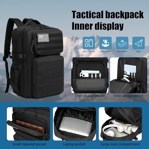Wotony Military Tactical Backpack for Men Waterproof Daypack 3 Day Assault Pack Molle Bag with Water Bottle Holder - color: Black, size: 35L