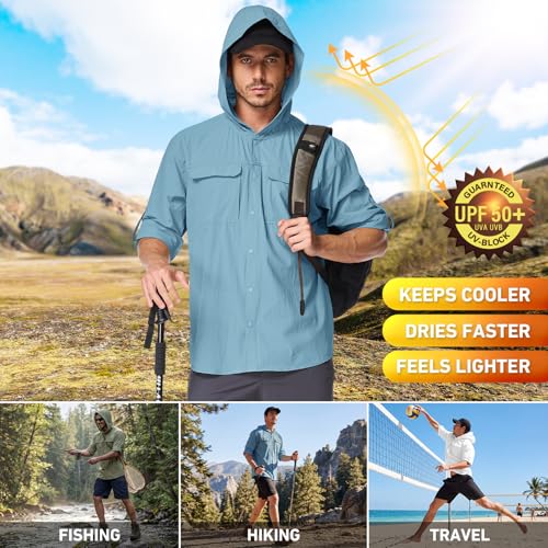 Mens Sun Protection Hiking Fishing Safari Shirts with Hood Long Sleeve Outdoor Quick Dry Shirts Hoodie - color: 5105 Blue, size: Small