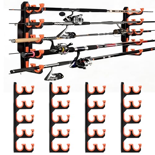 Soulchen 4 Pcs Fishing Rod Holder for Garage Dual-row Design Wall or Ceiling Mounted Fishing Pole Holders with Soft Protective Pad Horizontal Fish Rod Storage Rack Holds up to 10 Rods