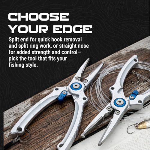 Reaction Tackle Aluminum Fishing Pliers with Tungsten Carbide Cutters, Braid Cutter, Hook Remover and Crimper, Saltwater Corrosion Resistant with Sheath and Lanyard - size: Split Ring
