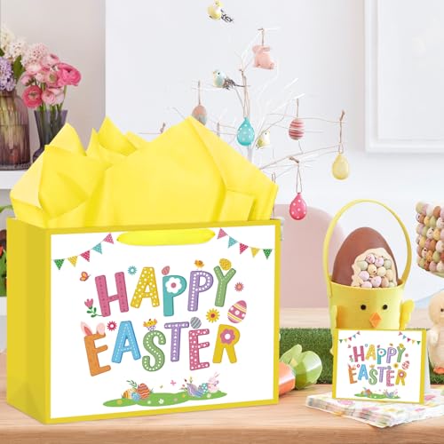 Hooqict Large Easter Gift Bag with Handles, Tissue Paper, Greeting Cards for Kids Easter Egg Basket Gift Bags Spring Birthday Goodie Treat Party Favors - color: Easter