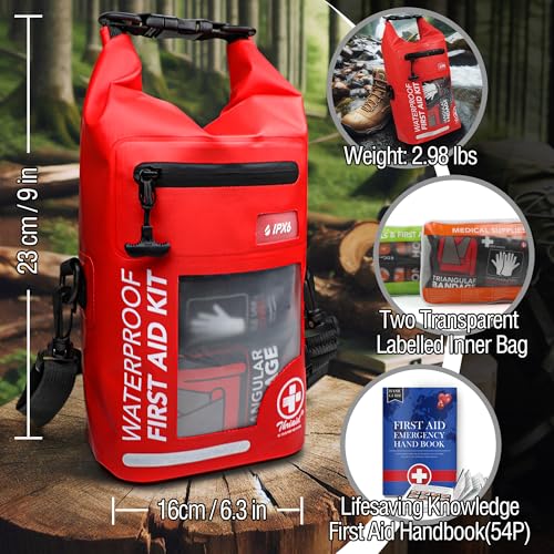 250 PCS Waterproof First Aid Kit, Roll Top Reflective Boat Dry Bag Bug Out Bags, Emergency Medical Kit Ideal for Boating, Camping, Fishing, Kayaking, Floating, Red
