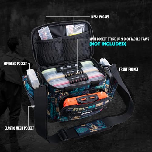 Goture Fishing Tackle Bag, 600D Water-Resistant Soft Side Crossbody Sling Bag for Men & Women,Small Gear Storage Tactical Bags for Saltwater & Freshwater,Fits 3 3600 Tackle Boxes(Not Included) - color: A:Blue Leaf(Without Trays-14.96"x9.06"x7.48"), size: