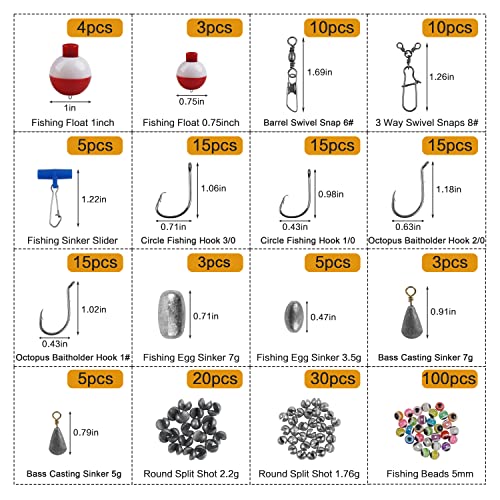 Fishing Accessories Kit - 258pc Tackle Box with Hooks, Bobbers, Weights & Swivels for Bass, Crappie & More