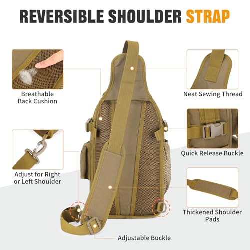 HUNTVP Fishing Sling Bag Lightweight Tackle Bag Small Fishing Backpack Tactical Shoulder Sling Bags with Rod Holder, Storage Gear and Equipment, Gifts for Men (Brown) - color: Brown