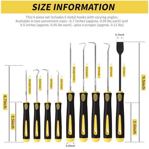 9PCS Hook and Pick Tool Set with Scraper- Automotive Pick Set with Metal Pick Tools & Ergonomic Grip, Mechanic Tool Set for Car Repair, O-Rings, Gaskets, and Tight Spaces - color: yellow