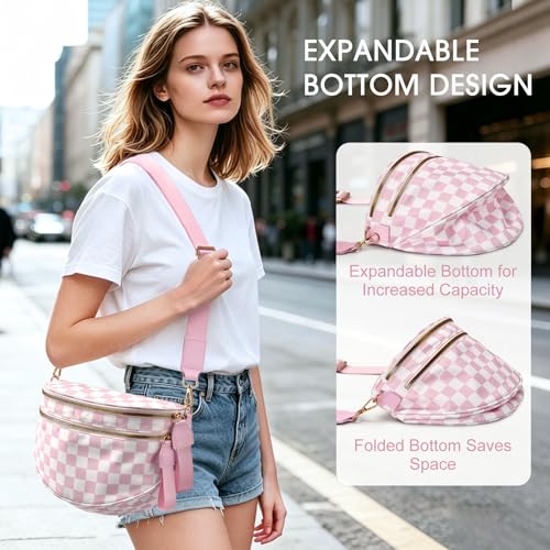 Checkered Nylon Crossbody Bag Bum Bag for Women Mom Large Checkered Fanny Packs with Adjustable Strap - color: Pink Checkered