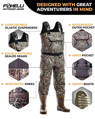 Foxelli Chest Waders, Waterproof 4mm Neoprene Hunting & Fishing Waders for Men & Women with Boots - color: Camo, size: 7