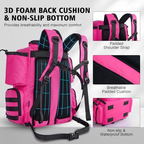 Goture Fishing Backpack with 4 Tackle Boxes,900D Water-Resistant Tackle Backpack with Rod Holders,45L Large Fishing Bag Storage Gear Tackle Bag with Rain Cover,Bottle Holder for Travel Camping Hiking - color: B3:pink With 4 Tackle Boxes