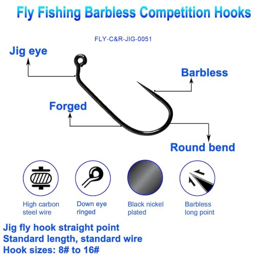 EUPHENG Barbless Fly Fishing Hooks Dry Nymph Wet Shrimp Jig Hooks for Fly Tying Assorted with Waterproof Hook Box - style: 9220-jig Fly Hooks Qty 200