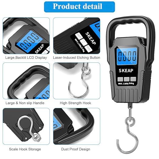 SKEAP Digital Fish Scale - 110lb/50kg Backlit LCD Fishing Gear with Portable Handle, Includes 2 AAA Batteries & Stainless Steel Hook, with USB Charging- Fishing Gifts for Men - color: Black-USB
