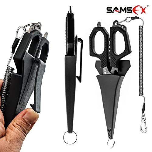 SAMSFX Fishing 6.5" Pro Fishing Scissos, Dual Serrated Blades, Braided Line Shears with Titanium Coating, Non-Slip Grip & Multifunction Tool, Come with Hard Molded Locking Sheath & Coiled Lanyad - color: A: Black Kraton Handle, Hard Sheath