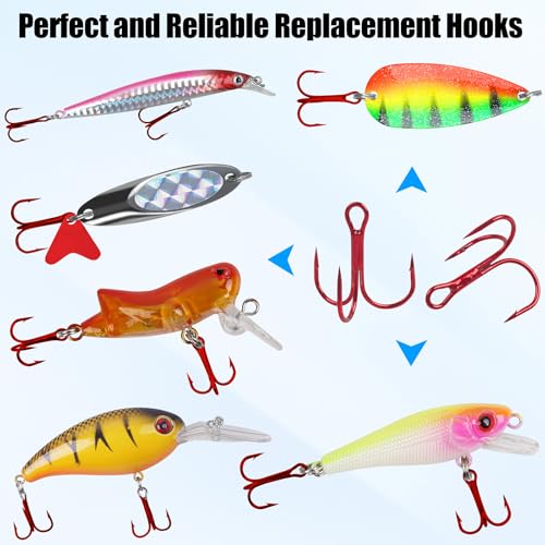 Fishing Treble Hooks Kit 90pcs High Carbon Steel Strong Sharp Round Bend Red Treble Fishing Hooks for Catfish Trout Hard Baits Lures Saltwater Freshwater, Size 2# 4# 6# 8# 10#
