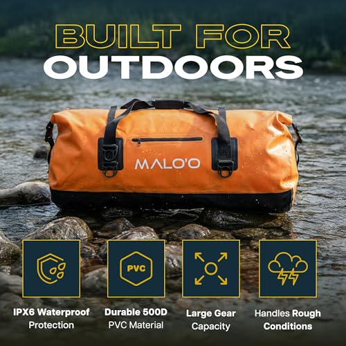 Malo’o Waterproof Dry Duffel, Heavy-Duty Roll Top Waterproof Gear Bag with Shoulder Strap & Molle Loops, Marine Duffel for Kayaking, Boating, Camping, Beach & Travel, Orange, 100L - color: Orange, size: 100L