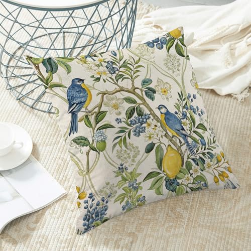 Chinoiserie Blue and Green Floral Bird Pillow Covers 18x18 Set of 2, Yellow Lemon Flower Summer Decorative Throw Pillows Farmhouse Linen Outdoor Cushion Case for Home Couch Sofa Decor - color: Blue Yellow Lemon Bird 2, size: 18" x 18" (Pack of 1)