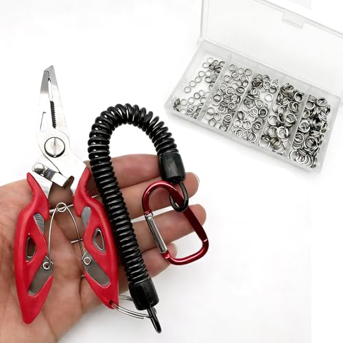 Pack of 201pcs Fishing Stainless Steel Split Rings 5 Sizes and Plier Set, Split Ring Capable of withstanding Large tensile Force and Fishing Plier Tool Kit for Saltwater Fishing Lure Connectors… - color: 250pcs Rings&Red plier