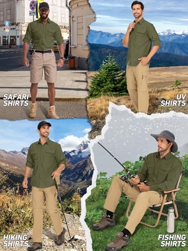 linlon Mens Safari Shirts Long Sleeve UV Protection Hiking Fishing UPF 50+ Quick Dry Cooling Camping Travel Shirts - color: 0live Green, size: X-Large
