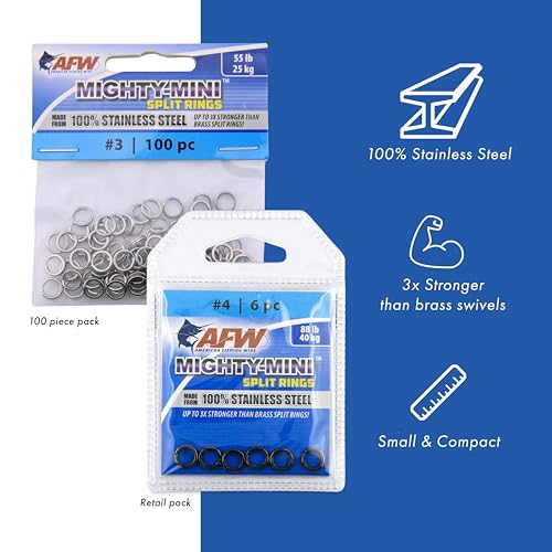 American Fishing Wire Mighty Mini Stainless Steel Split Rings, 3 Times Stronger Than Brass, Superior Holding Power for Fisherman and Outdoorsman - 100pcs in Bright Stainless Steel and Gunmetal Black - size: 4 pc, #7, 198 lb test, style: Stainless Steel