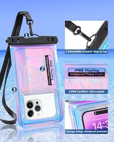 Waterproof Phone Pouch Floating, IPX68 Waterproof Phone Case with Lanyard for iPhone 17 16 15 14 Pro Max Samsung S26 S25 S24, Up to 7 Inch, Beach Vacation Essentials, Dazzling Purple - color: Dazzling Purple