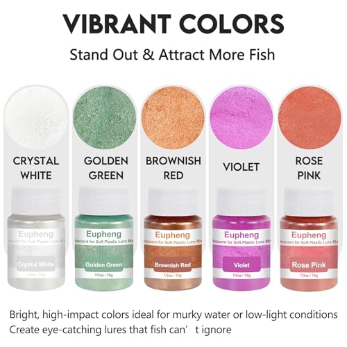 Eupheng Mica Powder 5 Colors Pearlescent Soft Plastic Lure Pigment for DIY Fishing Lure Making, Vibrant & Shimmering Finish 1/3oz Each