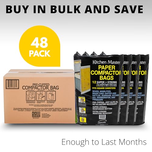 Kitchen Master Super Strong Compactor Bags (48 Pack) | Precuffed, Garbage Compactor Bags, Hardware for Kitchens, Paper Trash Bag, Kitchen Essential, Paper & Plastic Lined - size: 1 Count (Pack of 48)