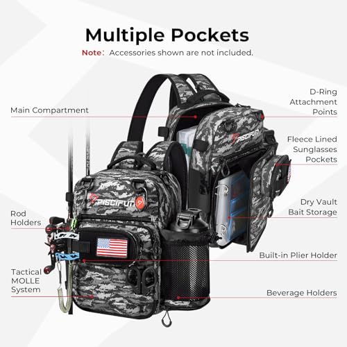 Piscifun Fishing Tackle Backpack, Convertible Sling or Waist Pack, 16-Pocket Storage Gear Bag with 2 Rod Holders & Rain Cover - color: Black Camo