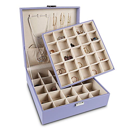 Frebeauty Earring Organizer Classic Jewelry Box 50 Slots Double Layer Jewelry Storage Case with 6 Necklace Hook and Bracelet Pocket(Purple) - color: Purple