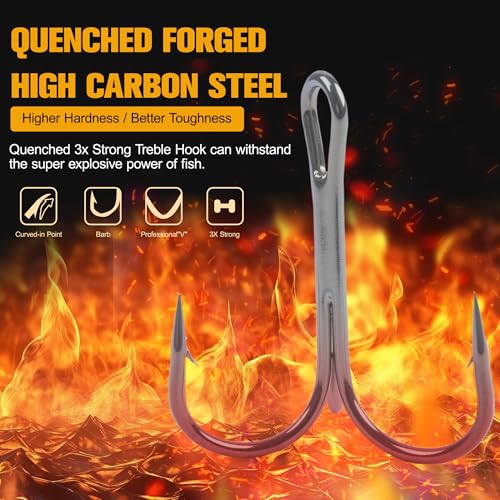 50 Pack Fishing Treble Hooks Kit High Carbon Steel Fish Hook Strong Sharp Round Bend Split Rings for Lures Baits Saltwater Freshwater Fishing Size 1/0 2 4 6 8 10 - color: Black, size: 4# - 50pcs