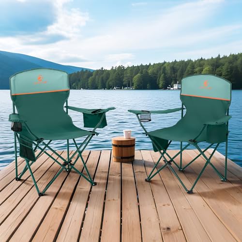 ALPHA CAMP 2-Pack Camping Chair with Cooler Bag, Heavy Duty 250lbs Capacity Folding Chair with Lumbar Support & Side Pocket, Portable Quad Chairs for Beach Fishing Tailgating & Sideline Sport - color: Green