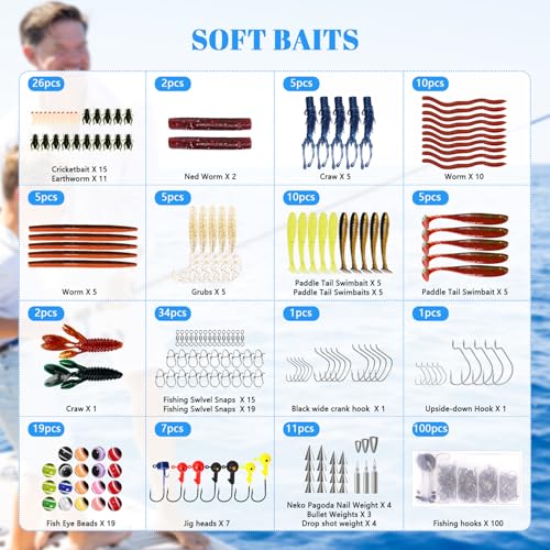 FONMANG 322-Piece Fishing Lures Kit - Buzz Bait/Spinner Baits/Jig/Frog, Fishing Tackle Box with Tackle Included, Soft Bait/Hooks/Weights, Fishing Gear Lure Kit Gift for Men Freshwater Bass Trout - color: A-322pcs Bass Fishing Kit